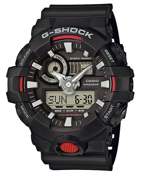 海外限定生産逆輸入モデル CASIO カシオ G-SHOCK Gショック 多彩な機能 1/100秒クロノ搭載 フルオートカレンダー新品BKRD_タフネスを象徴するフロントボタン