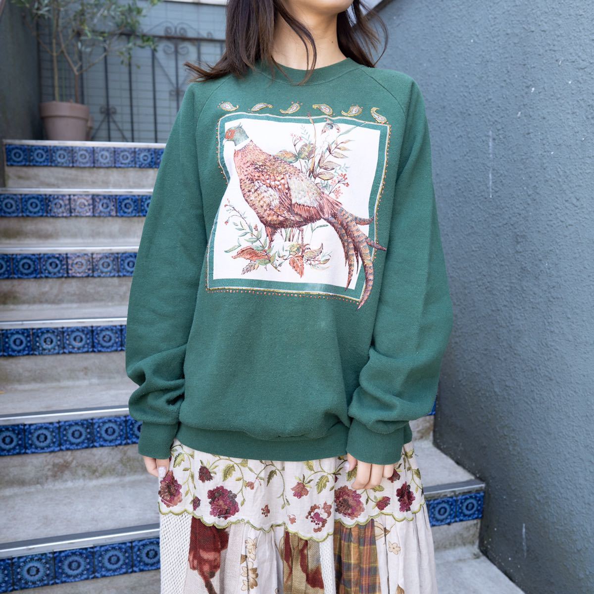 USA VINTAGE PHEASANT PRINT DESIGN SWEAT SHIRT/アメリカ古着キジプリントデザインスウェット