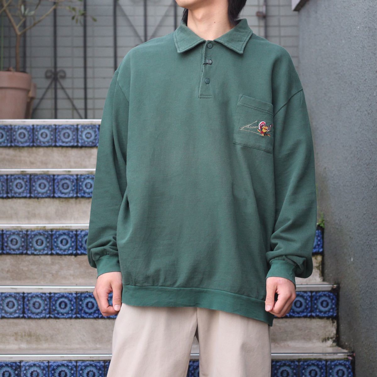 USA VINTAGE PEECOCK EMBROIDERY SWEAT POLO SHIRT/アメリカ古着孔雀刺繍スウェットポロシャツ_画像1