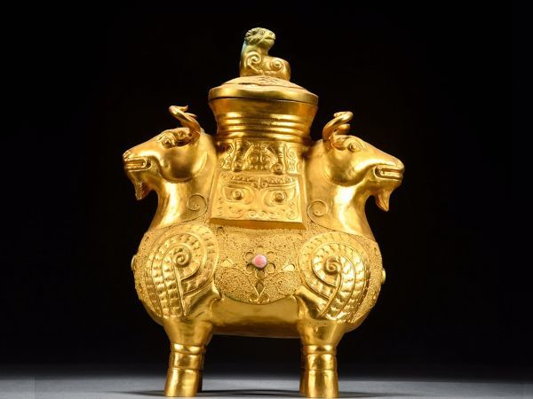 【瓏】古銅鏨刻彫 塗金炸珠雙羊首尊 時代物 古置物擺件 銅器 中国古賞物 蔵出