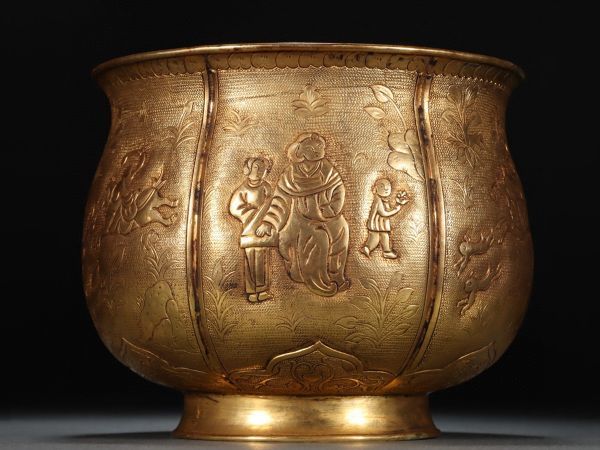 【瓏】古銅鏨刻彫 塗金人物故事鉢 時代物 古置物擺件 銅器 中国古賞物 蔵出