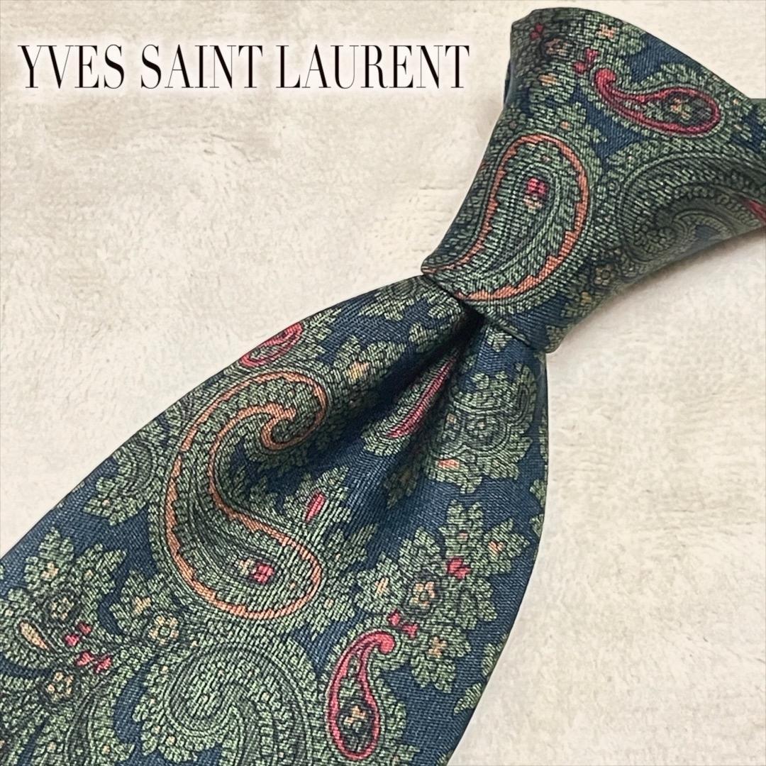 【日本製】YVES SAINT LAURENT イブサンローラン ネクタイ ペイズリー グリーン 緑 総柄 YSLの画像1