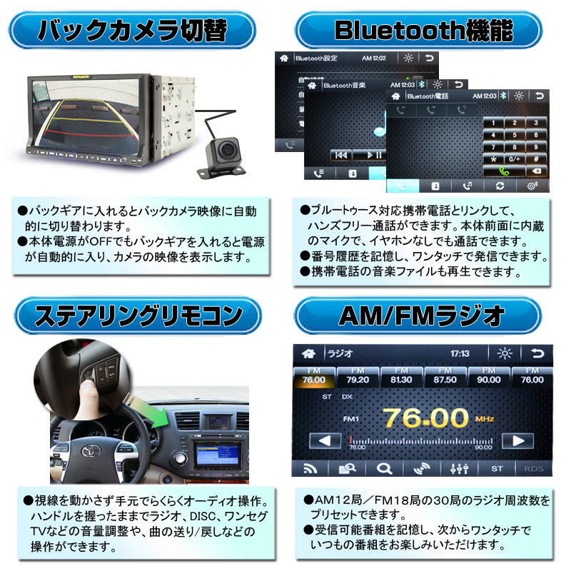 ２ＤＩＮ車載７インチタッチパネルDVDプレイヤー+4×4フルセグチューナー＋バックカメラセット　「D544C」_画像5