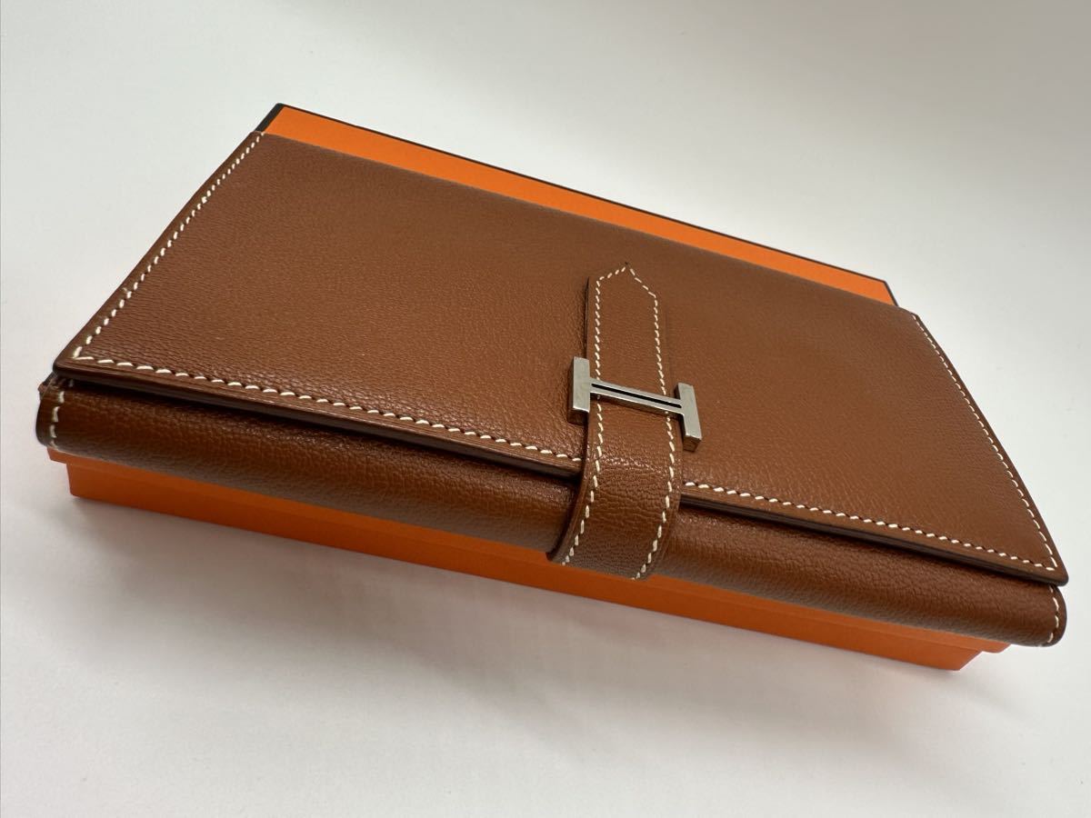 HERMES エルメス ベアン デュプリ J（2006年製） 三つ折り 長財布 長札入れ ブラウン 茶色 シルバー金具 メンズ レディース