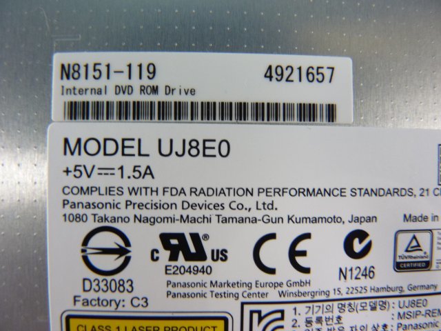 1NPS // NEC N8151-119 スリムDVD-ROMドライブ SATA 12.7mm / UJ8E0 / 読取り専用 // NEC Express5800/GT110f-S 取外 //在庫4_画像2