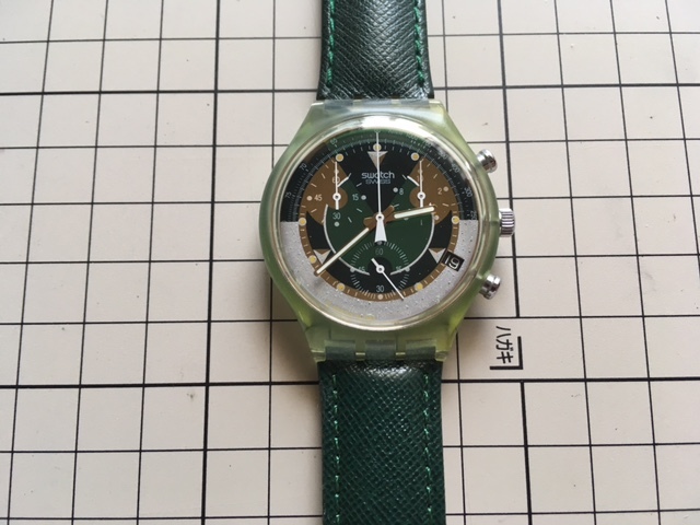良好 レア ヴィンテージ swatch スウォッチ SWISS AG1993 クロノグラフ デイト グリーンカラー クオーツ メンズ 腕時計の画像1