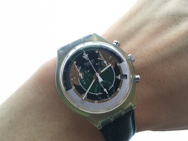 良好 レア ヴィンテージ swatch スウォッチ SWISS AG1993 クロノグラフ デイト グリーンカラー クオーツ メンズ 腕時計の画像5
