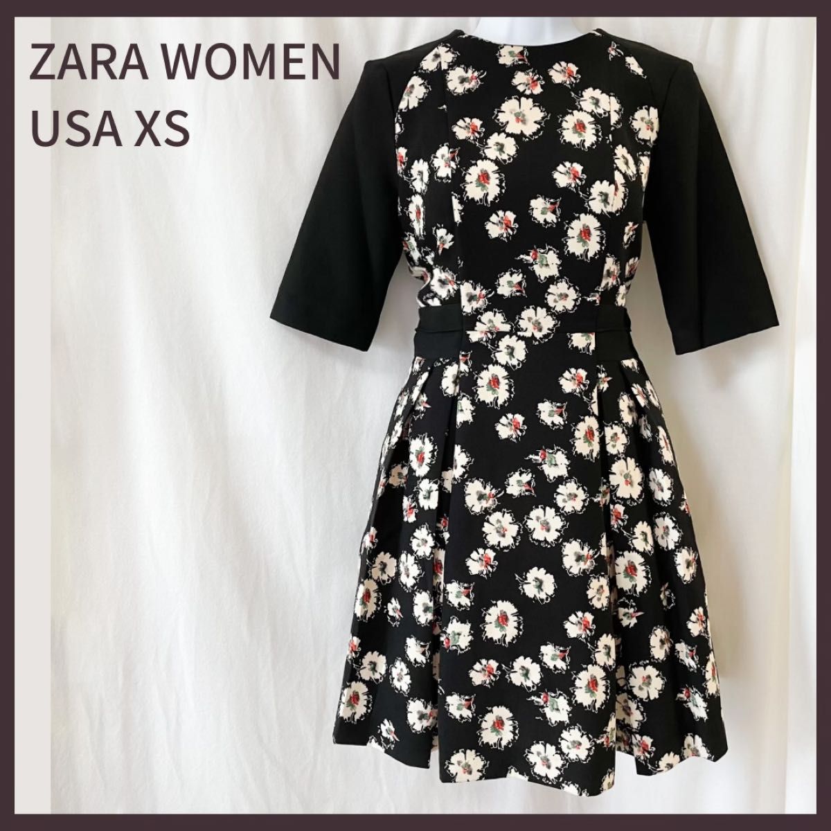 ZARA WOMEN ザラ ウーマン 花柄 ワンピース 黒 ブラック ひざ丈 S 