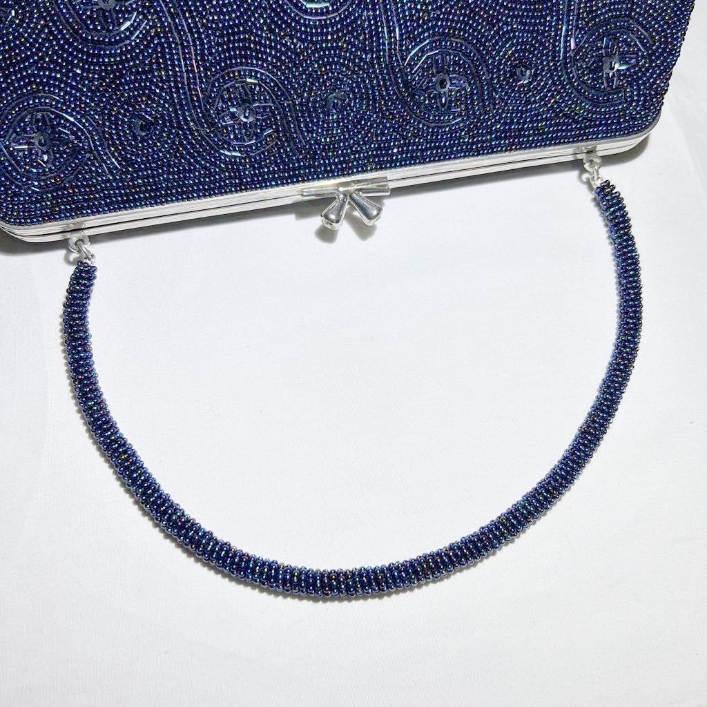 * beautiful goods * beads bag navy blue color handbag kimono small articles . equipment Japanese clothes wedding party bag navy hand made (09015 average 