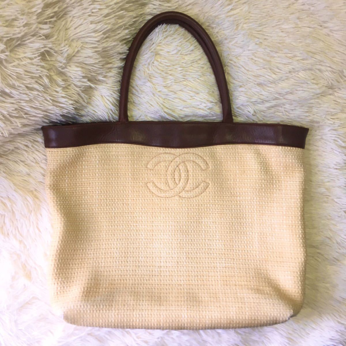 品質が完璧 本物*CHANEL/シャネル□ストロー×レザー カゴ トートバッグ