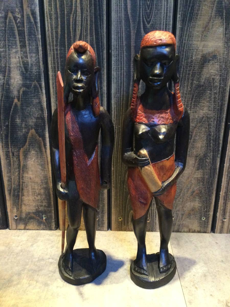 アフリカ ケニア マサイ族 黒檀彫刻 木製人形 2点まとめて 木彫り 一刀彫 人形  置物 オブジェの画像1