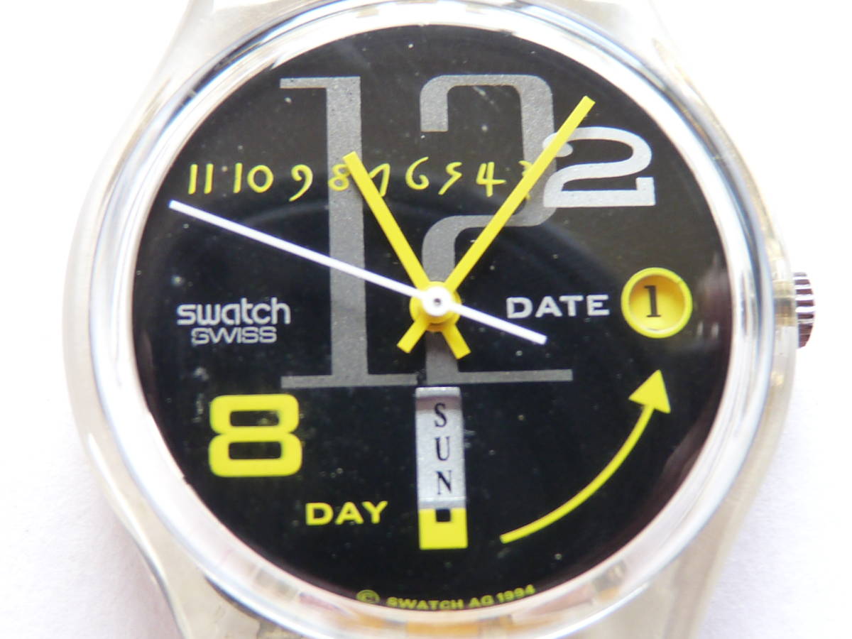  unused battery replaced Swatch regular model Swatch 1995 year Canard Laque product number GK714 3 hour person direction . Date display /6 hour person direction . day of the week display equipped 