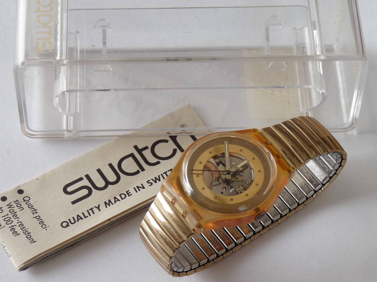  не использовался батарейка заменен прекрасный товар Swatch Swatch 1989 год модели первый период .. ремень золотой скрепление GOLDEN BOND номер товара GP101 ремень размер маленький 