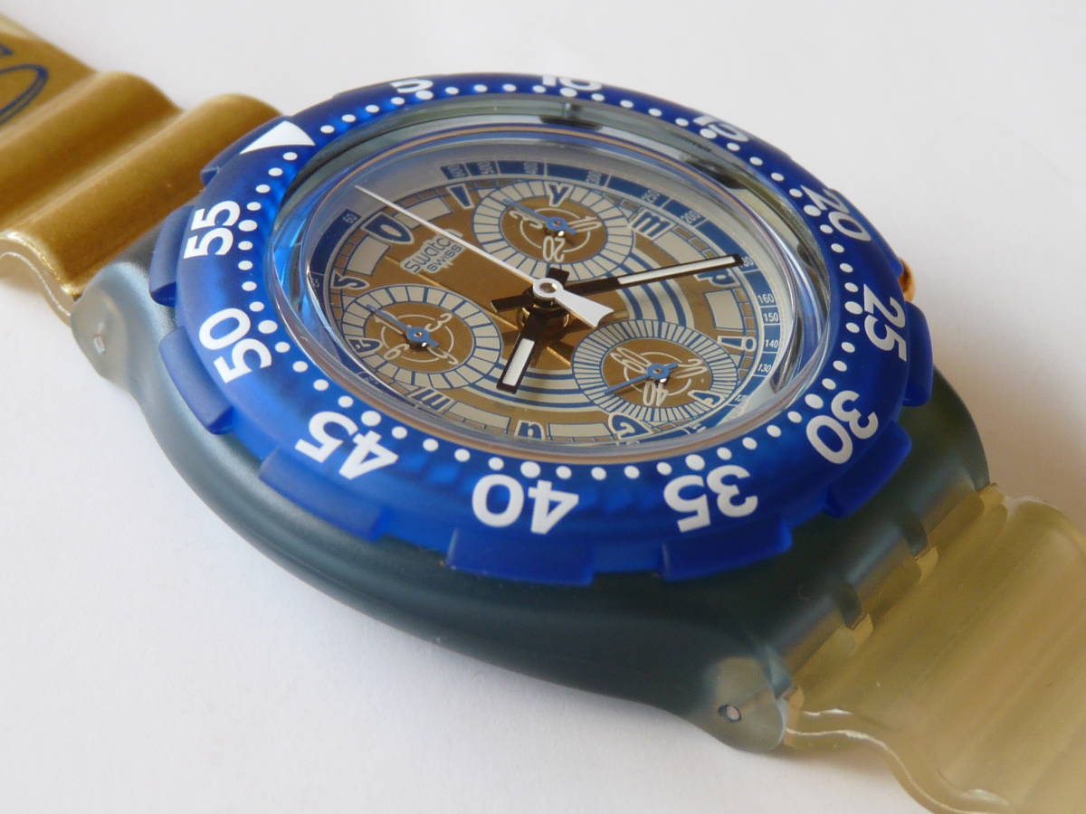  unused battery replaced Swatch Swatch Aquachrono blue / white / gold 1995 year of model Olympic model NIKIPHOROS product number SBZ102