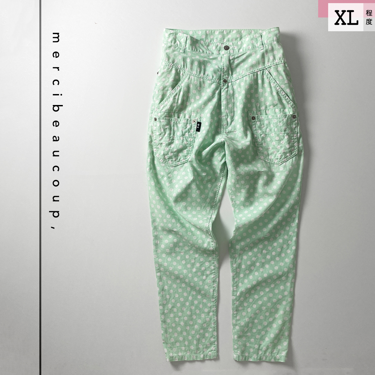 mercibeaucoup, flax linen thin dot pattern sarouel pants green mint green total pattern tapered summer deformation mercibeacoup lady's XL