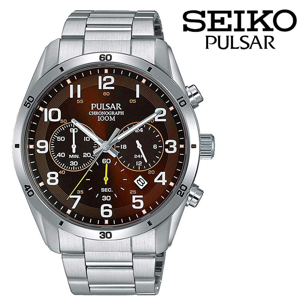 SEIKO PULSAR Chronograph Brown Silver Watch セイコー パルサー クロノグラフ 100m防水 ブラウン シルバー クオーツ ステンレス 腕時計