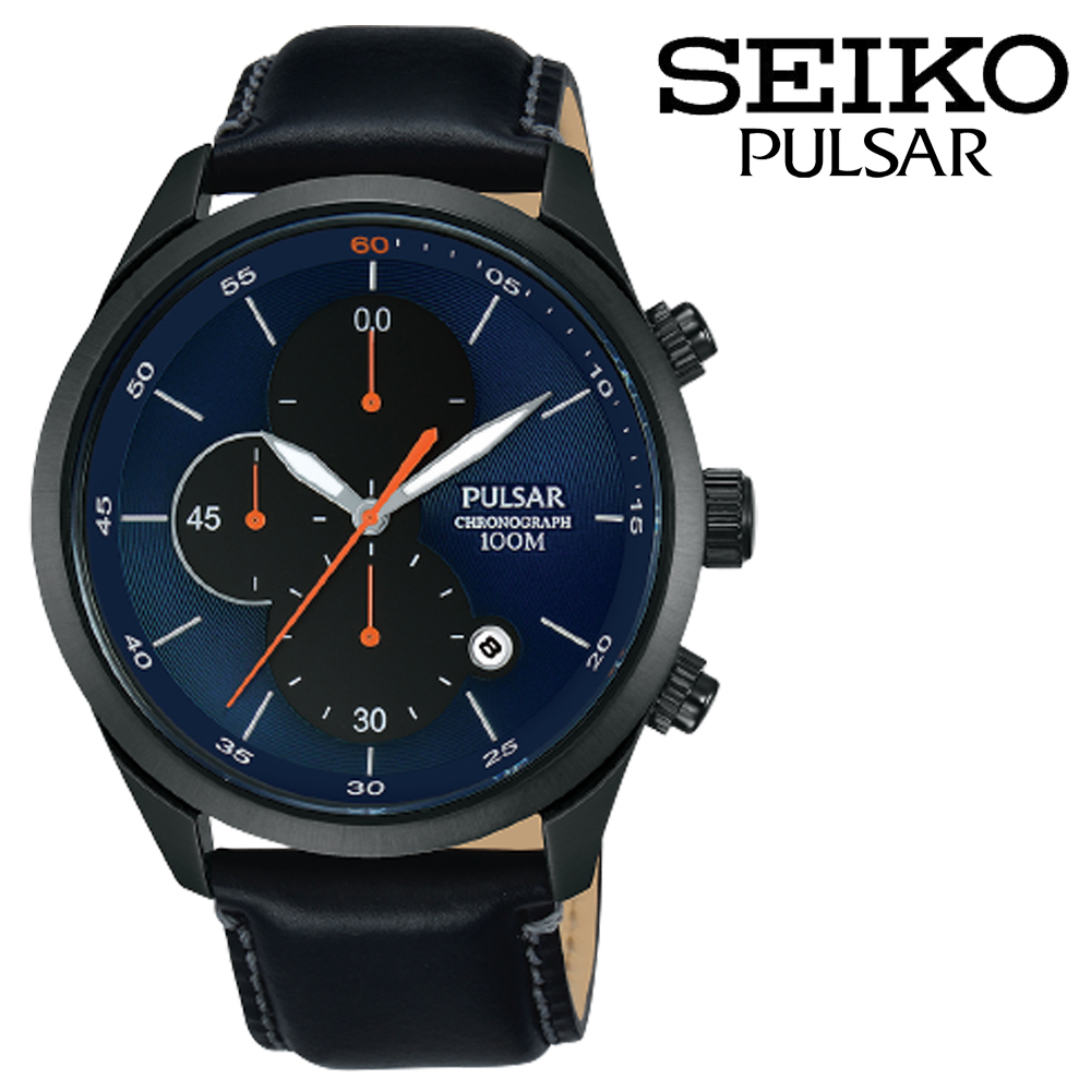 SEIKO PULSAR Chronograph Dark Blue Leather Watch セイコー パルサー クロノグラフ ダークブルー レザー ベルト 100m防水 本革 腕時計