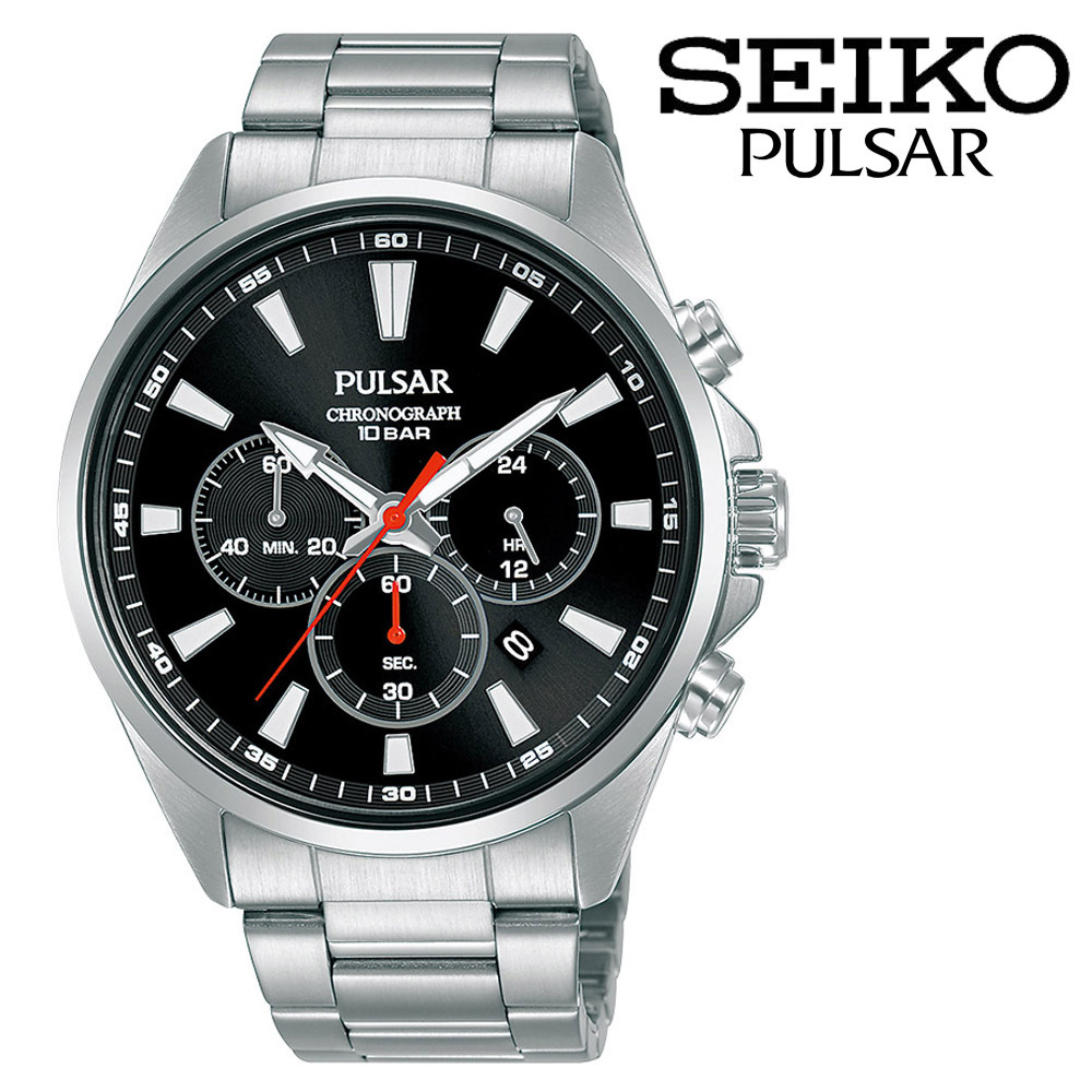 SEIKO PULSAR Chronograph Date Black Silver Watch セイコー パルサー クロノグラフ クオーツ デイト 100m防水 ブラック シルバー 腕時計