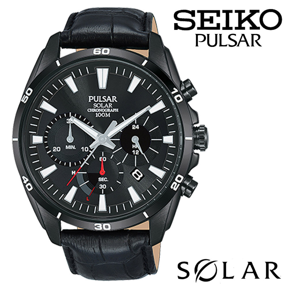 SEIKO PULSAR Chronograph Solar Watch セイコー パルサー クロノグラフ ソーラー クオーツ ブラック レザー 本革ベルト 100m防水 腕時計