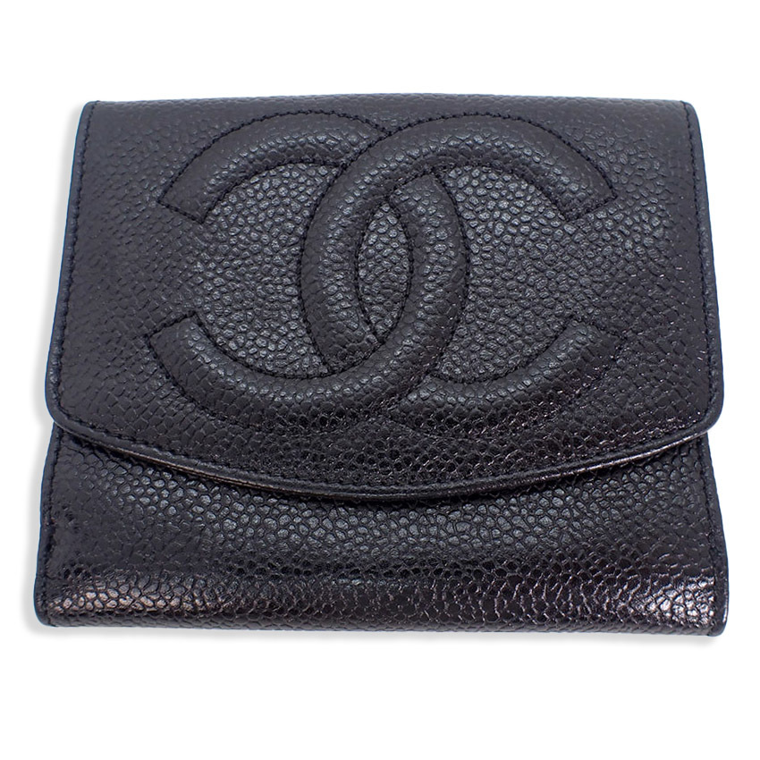 【中古】CHANEL/シャネル キャビアスキン ブラック3つ折り 財布[b21-55］_画像1