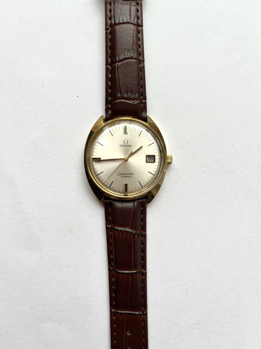 オメガ シーマスター コスミック デイトTOOL107 手巻き腕時計 稼働 社外ベルト新品 ゴールド