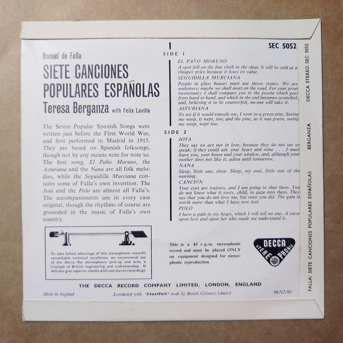英Decca SEC5032 SXL未発売　フャリャ「７つのスペイン民謡」　ベルガンサ_画像2