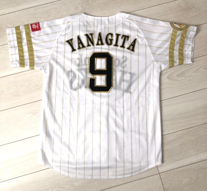 HAWKS 柳田 悠岐 ユニフォーム 白 ゴールド カラー 刺繍 Softbank 背番号 9 ソフトバンク ホークス Majestic 製 Jersey L サイズ_画像1