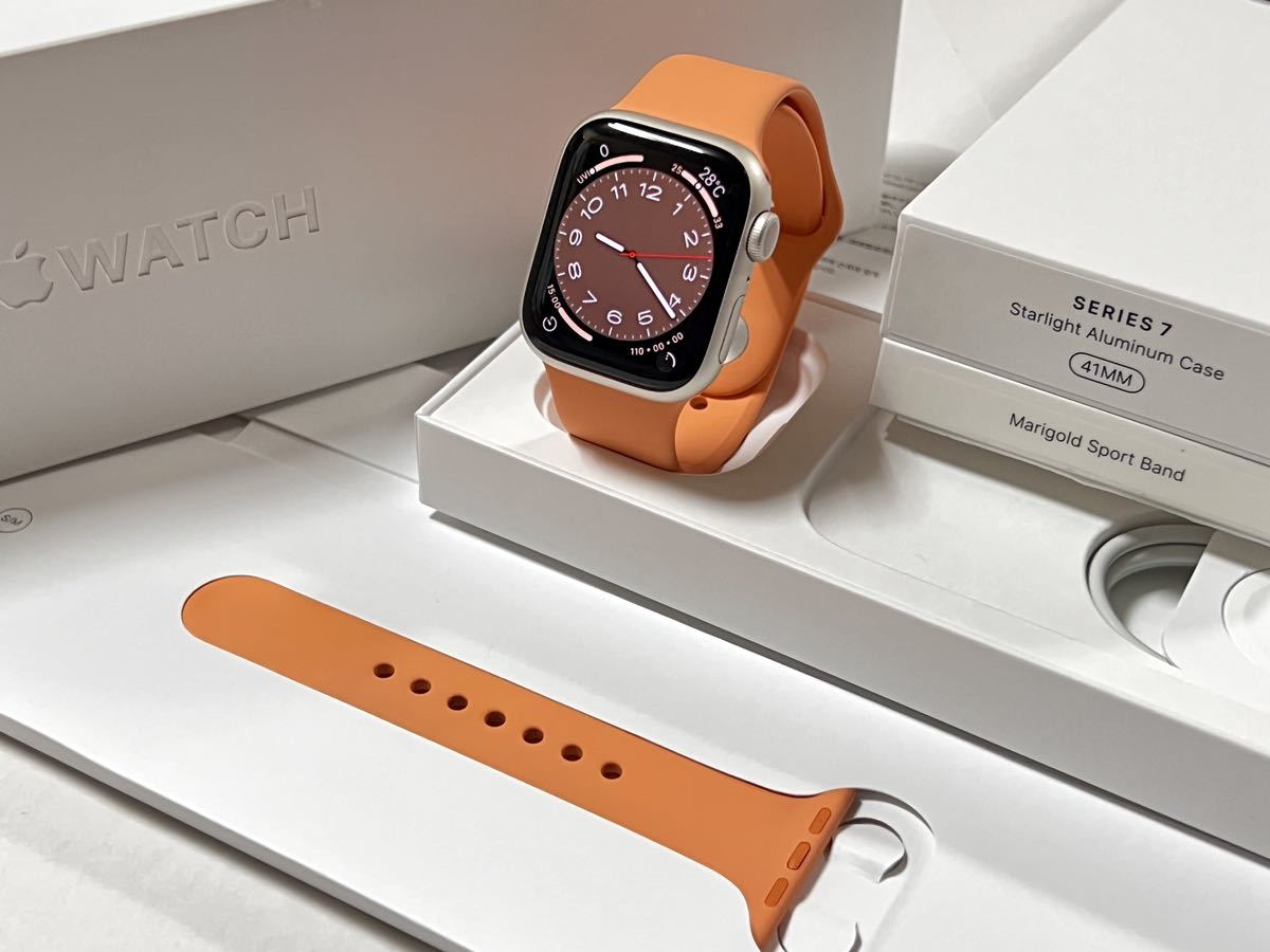 ★ 美品 送料無料 ★ Apple Watch Series 7 41mm アップルウォッチ スターライト アルミニウム GPS 純正品  マリーゴールド スポーツバンド