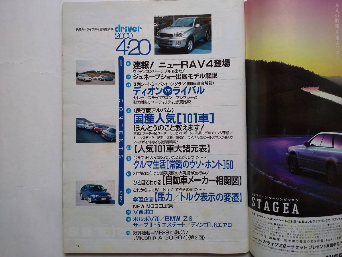 ★☆ドライバー 2000年4・20号 保存版アルバム「国産人気101車」 人気101車大諸元表　ニューRAV4 BMWZ8☆★_画像2