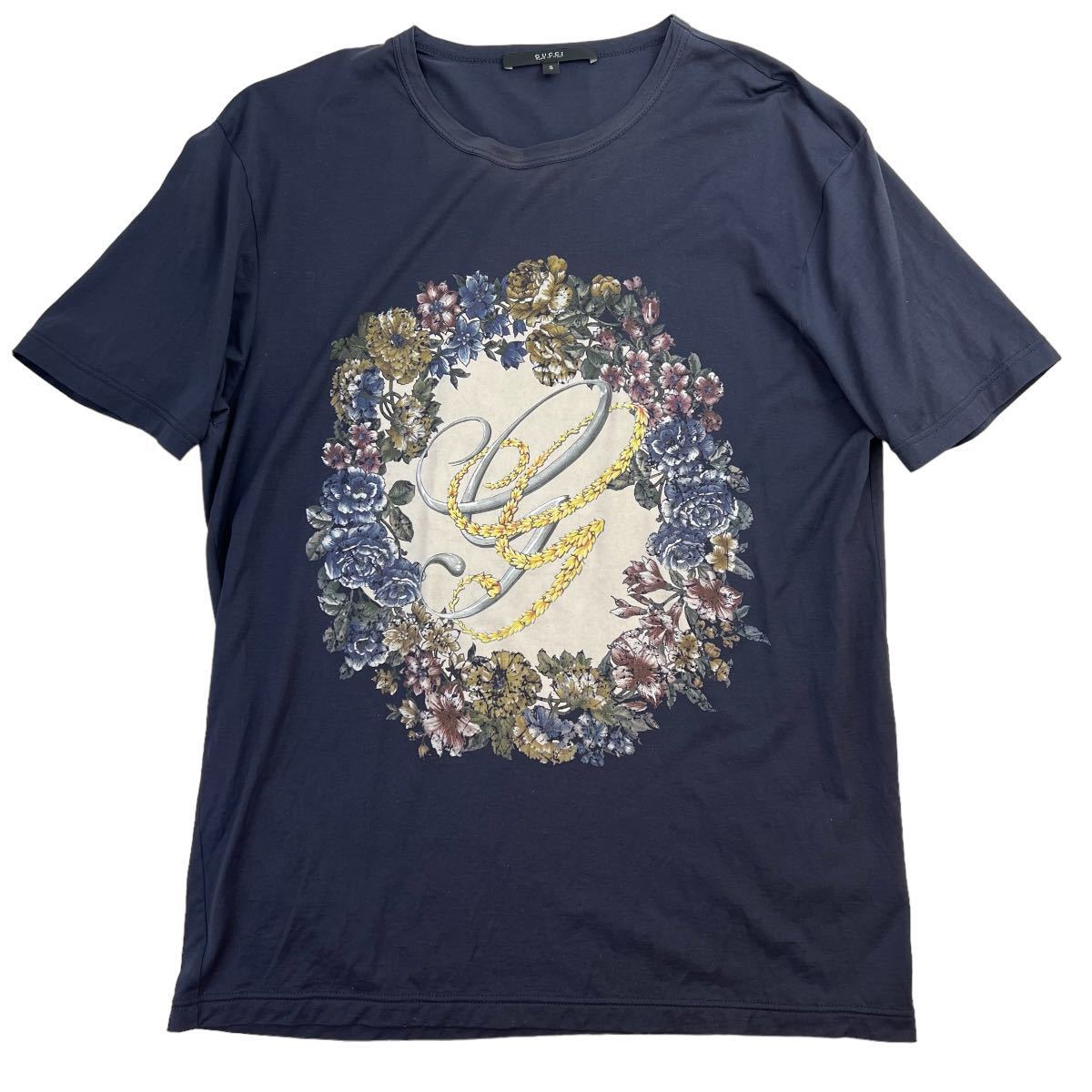 定価約7万 美品 GUCCI グッチ 花柄 ロゴTシャツ サイズS ネイビー イタリア製 襟色褪せ有 GG フラワーエンブレム 希少 最高級品 A2622_画像4