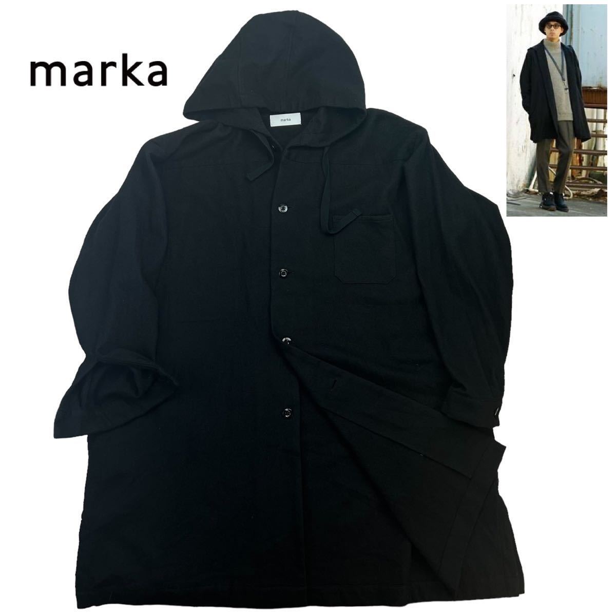 定価3.1万 美品 MARKA マーカ BUTCHER SHIRTS COAT サイズ2/M相当 ブラック 18AW 塩縮加工 やや毛羽立ち有 日本製 ビッグシルエット A2431