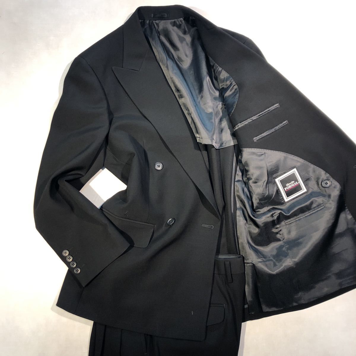 新品 定価3.9万【サイズAB7XL★Kanebo礼服】4Bダブルスーツ 漆黒フォーマル 背抜き ノーベンツ 2タック アジャスター付き ウール100%_画像1