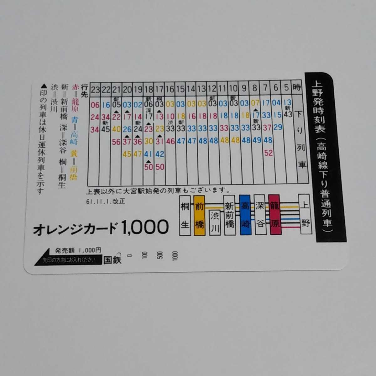使用済み オレンジカード 国鉄 上野駅時刻表(高崎線下り普通列車) 1穴_画像1