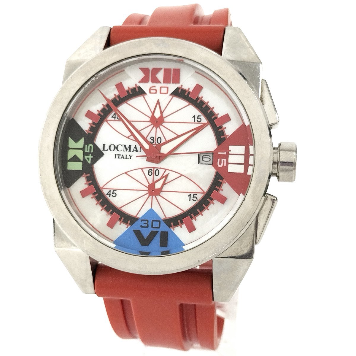 ●現状品 LOCMAN ロックマン R.160 クロノグラフ メンズ腕時計 シェル文字盤 クォーツ デイト レッド/赤 中古[ne]u363