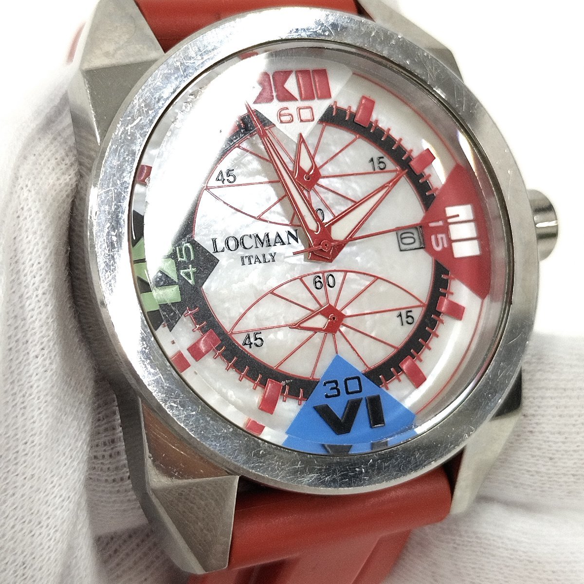 ●現状品 LOCMAN ロックマン R.160 クロノグラフ メンズ腕時計 シェル文字盤 クォーツ デイト レッド/赤 中古[ne]u363_画像8