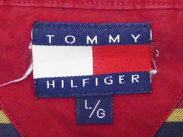 即決★TOMMY HIILFIGER★メンズL ビンテージ古着 ストライプシャツ 長袖 トミーヒルフィガー 紺 90s コットン_画像6