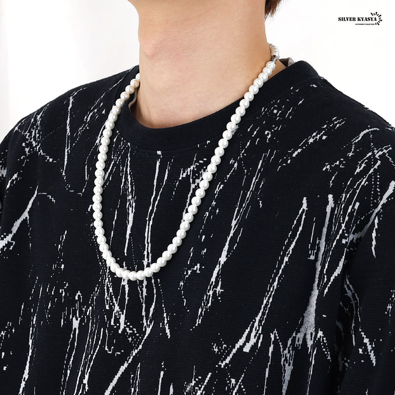 ネックレス パール 男性 ホワイト pearl necklace 真珠 8mm ネジ式 ハード系 シンプル (45cm)_画像7