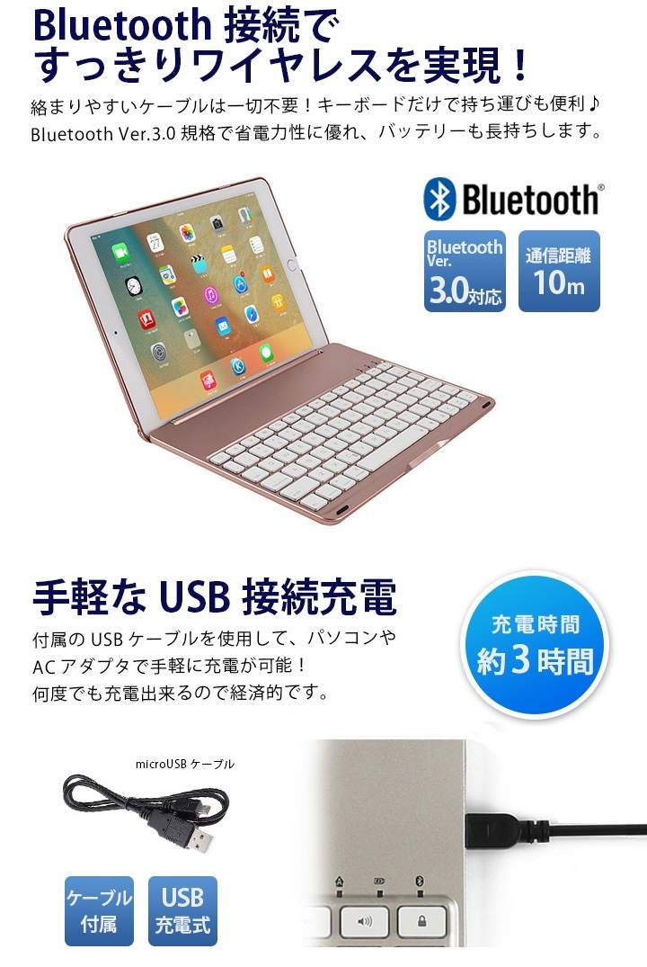 F8S iPad Pro 9.7インチ用Bluetooth ワイヤレス キーボードケース ノートブック 7カラーバックライト付 オートスリープ機能 ローズゴールド_画像2