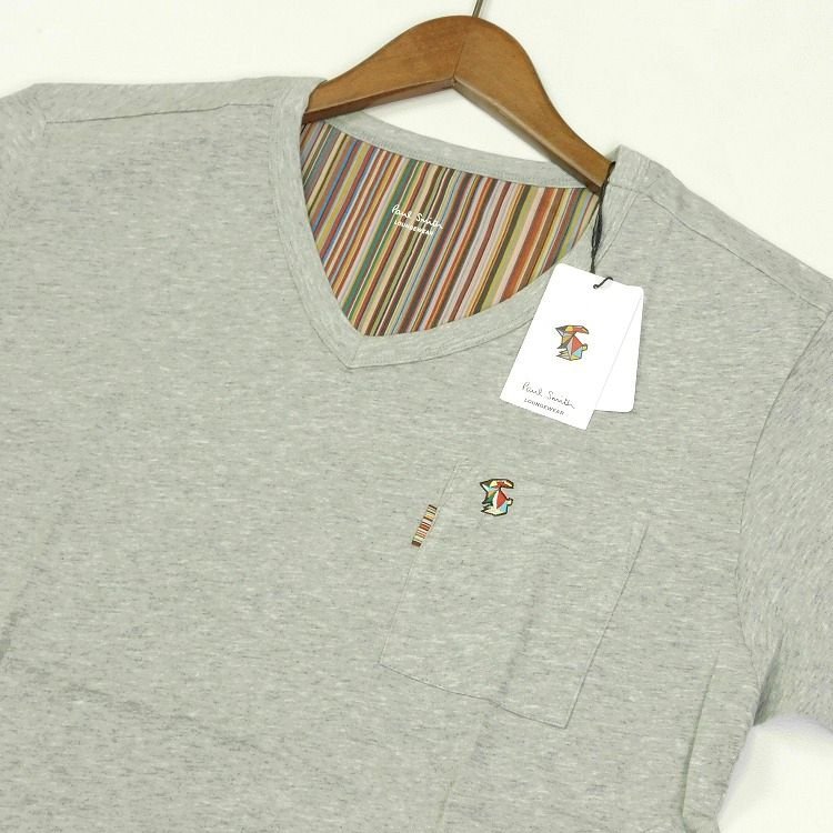 新品 即決 ポールスミス Vネック Ｔシャツ マルチラビット刺繍 L グレー マルチストライプ 半袖カットソー Paul Smith メンズ 【2448】の画像5