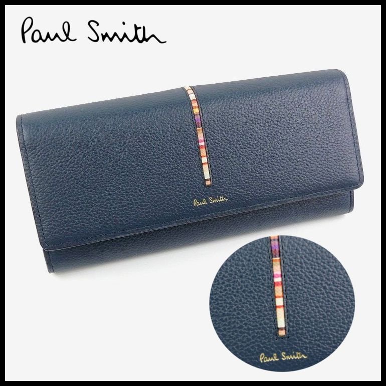 新品 ポールスミス 長財布 インセットマルチストライプ 牛革製 紺 Paul Smith【2522】_画像1