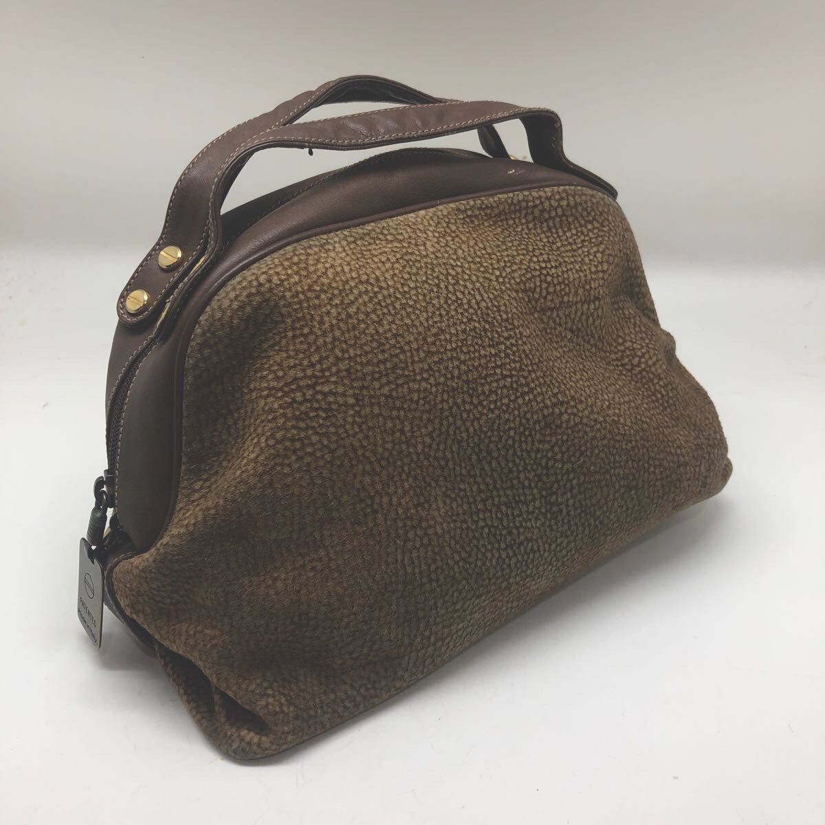 良品 Borbonese ボルボネーゼ ウズラ柄 手提げバッグ ナイロン×本革