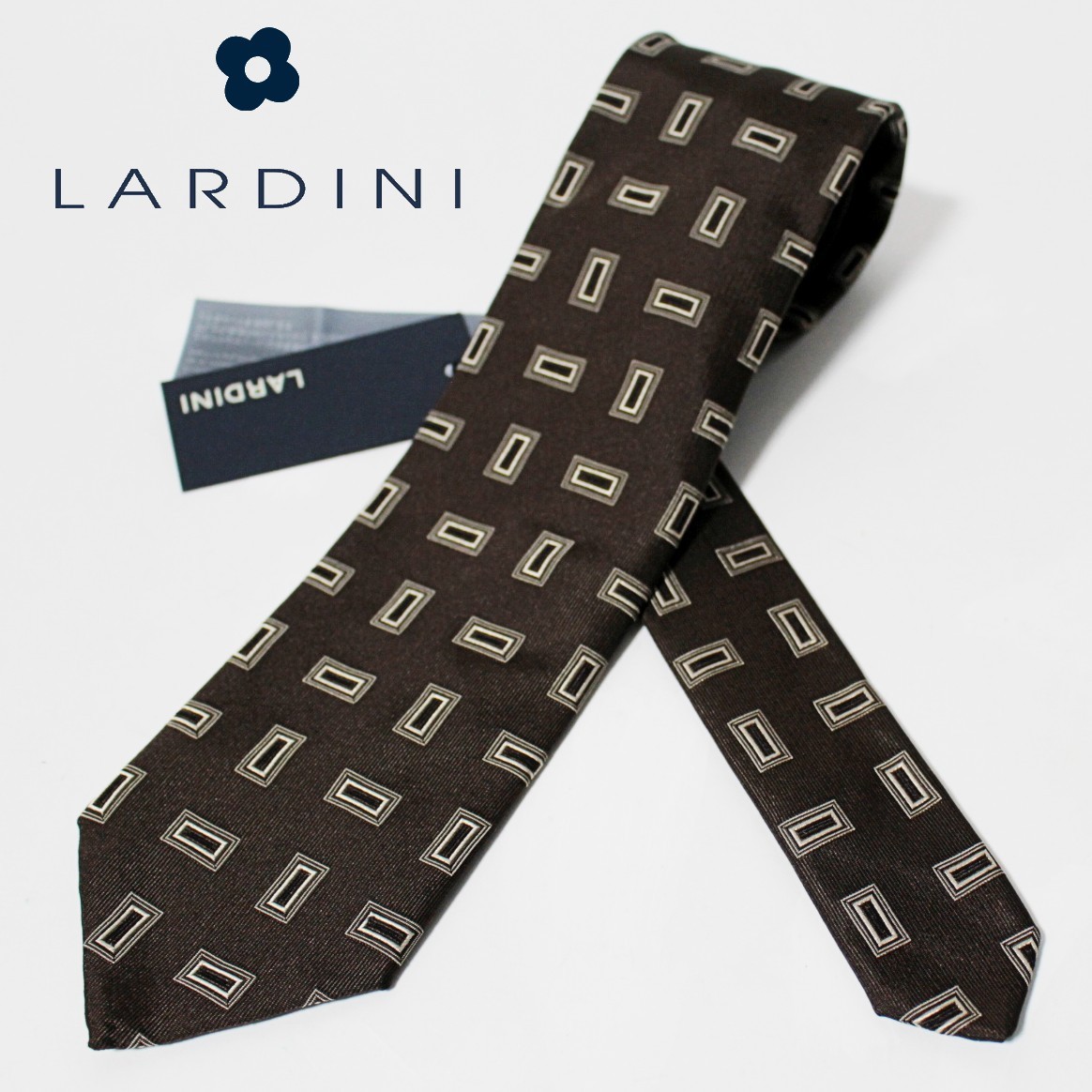 新品 LARDINI シルク100％ ラルディーニ スクエア小紋柄 ネクタイ 濃茶系　Ｋ2491