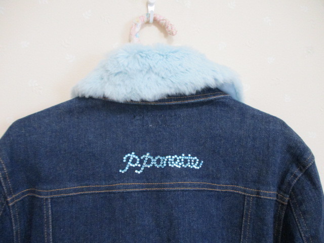 * Pom Ponette * pretty boa collar attaching denim jacket *L* blue 30912