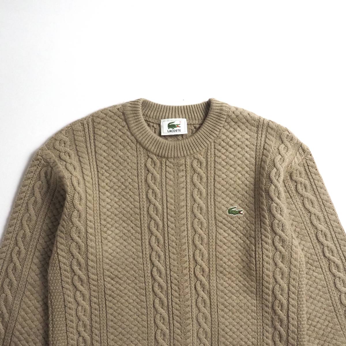 ラコステ　Lacoste　ウール１００％　ケーブルニット　セーター　ベージュ　美品　メンズ