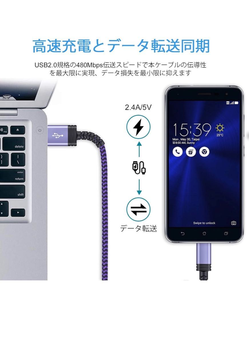 USB Type C ケーブル 【1.8m 3本*3色】 3A急速充電 QC3.0対応 タイプｃ充電ケーブル 高耐久 ナイロン 