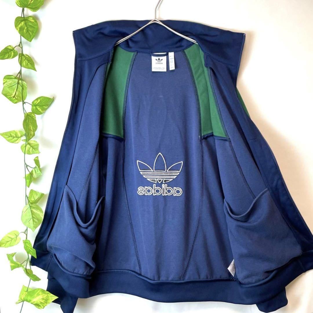 2XLサイズ★最高デザイン 美品 adidas アディダス トラックジャケット ジャージ 全身ビックトレフォイル×センターバックロゴ ネイビー紺緑