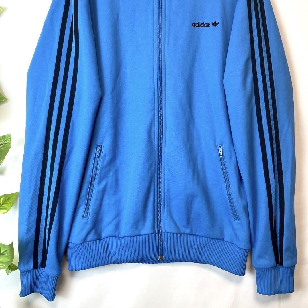 希少 adidas アディダス 90s90'sトラックジャケット ジャージ 水色青×黒ブラックスリーライン リニアトレフォイルロゴ 在原みゆ紀 Lサイズ