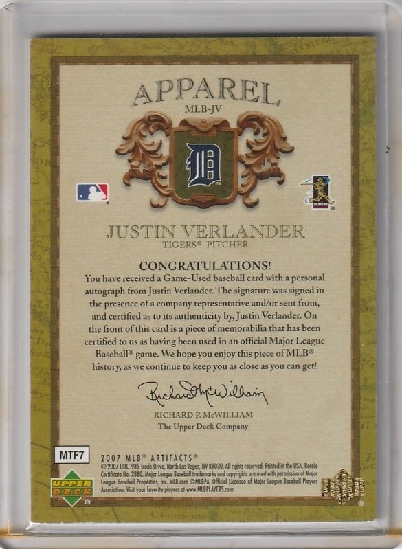 2007 UD Artifacts Justin Verlander /25 MLB-JV 直筆サインカード Auto ジャージ_画像2