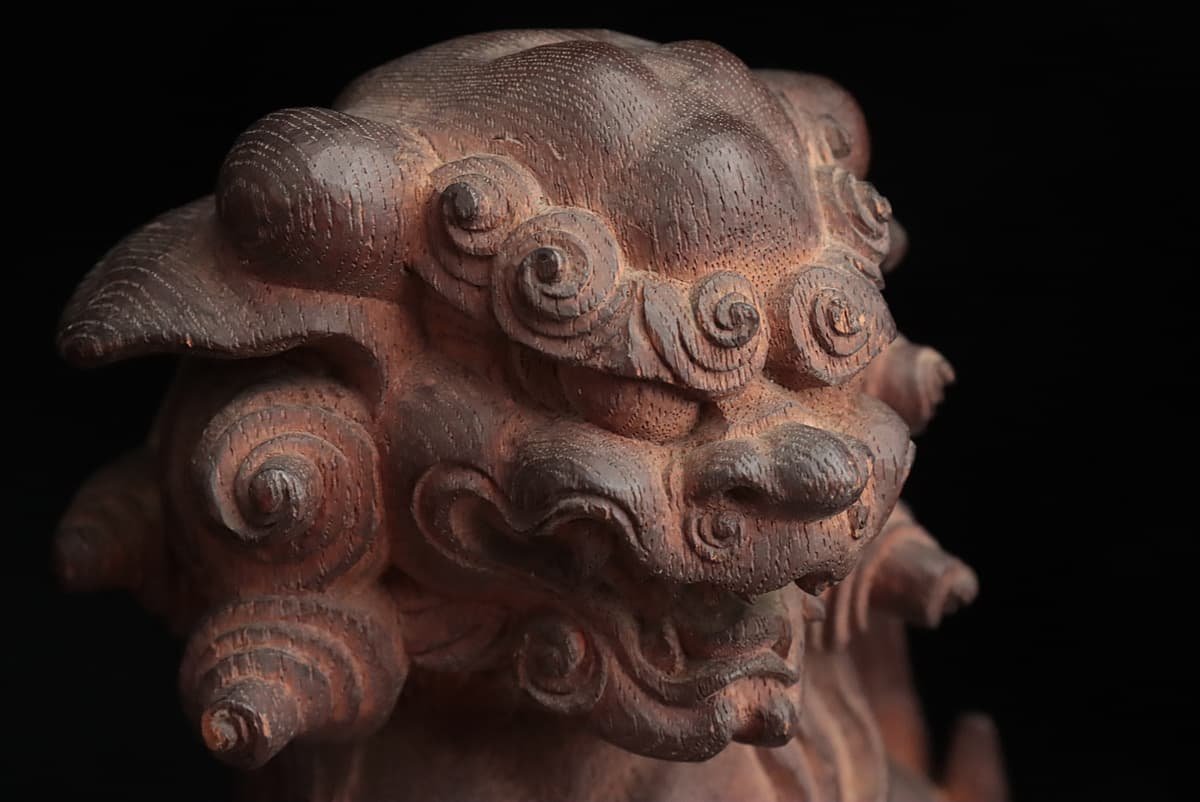 EL956 時代仏教美術 木造狛犬阿吽 一対 高18.5cm 総重1.5kg・木雕獅子