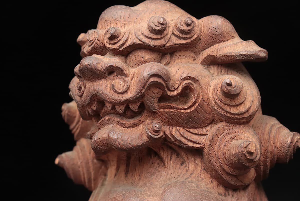 EL956 時代仏教美術 木造狛犬阿吽 一対 高18.5cm 総重1.5kg・木雕獅子